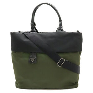 Prada TESSUTO DOUBLE Tote Bag Shoulder Reversible Leather NERO Black Khaki Green